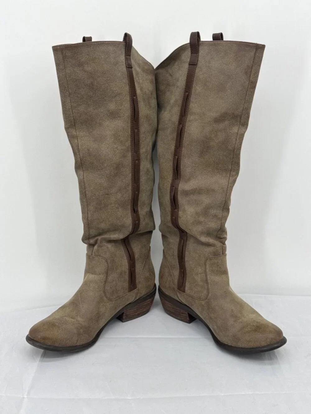 Restricted Taupe Suede Tall Riding Boots Tassel Trim Boho Western Size 7.5